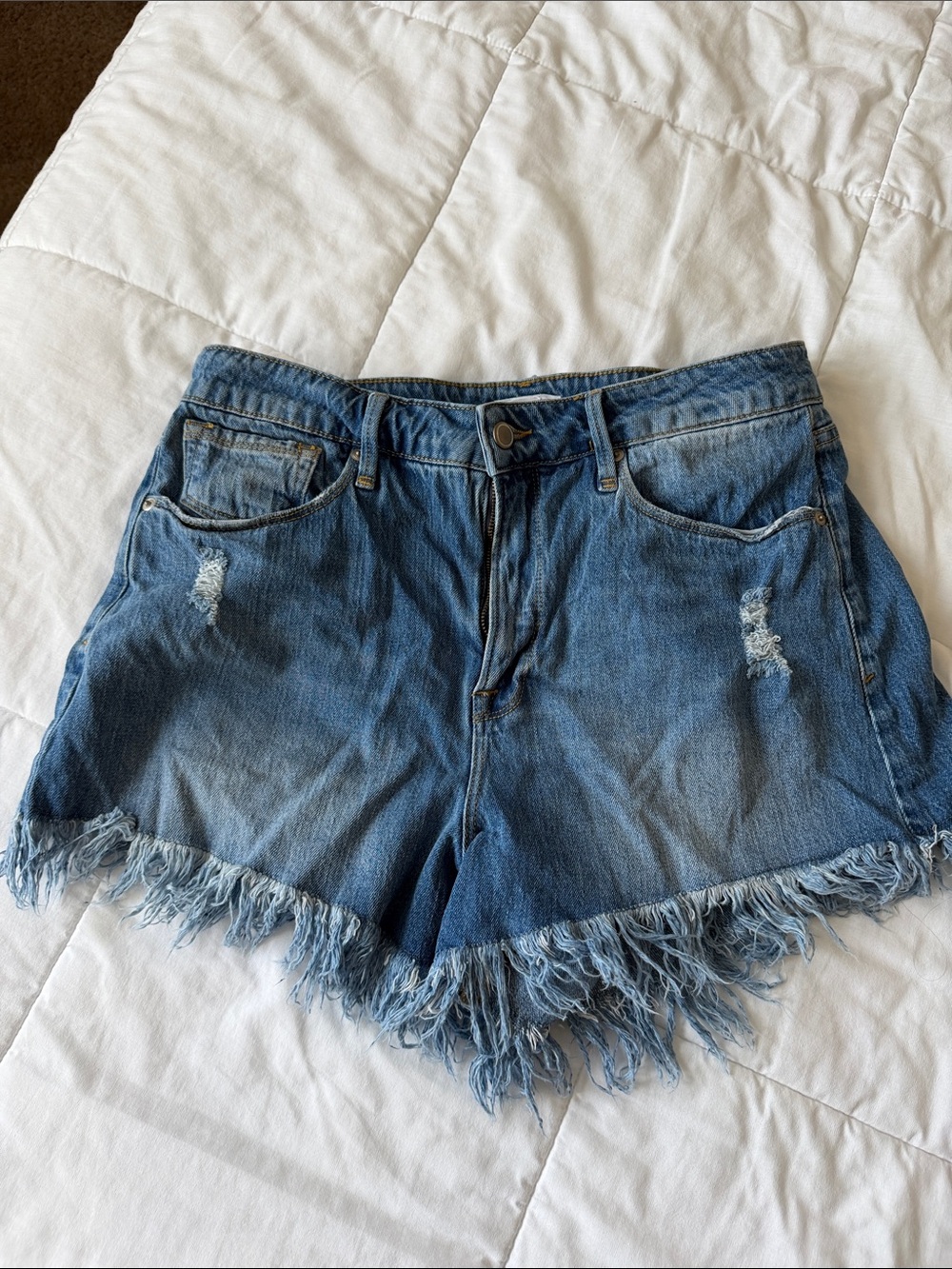 Good American Distressed Light Blue Denim Frayed Shorts